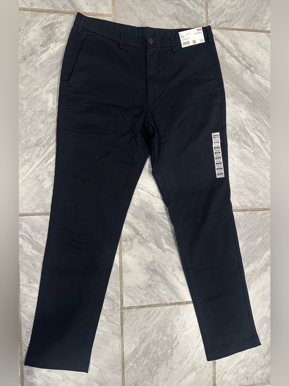 UNIQLO Mens Navy Slim Fit Chino Pants 34Wx33L Flat Front Stretch Twill
